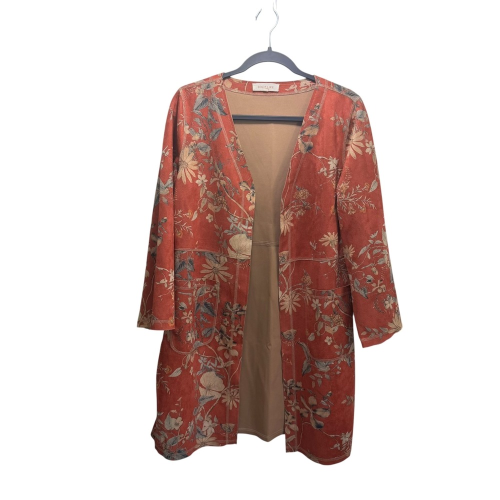 Solitaire Boho Cottagecore Orange Burnout Kimono Sweater Duster Open Cardigan M